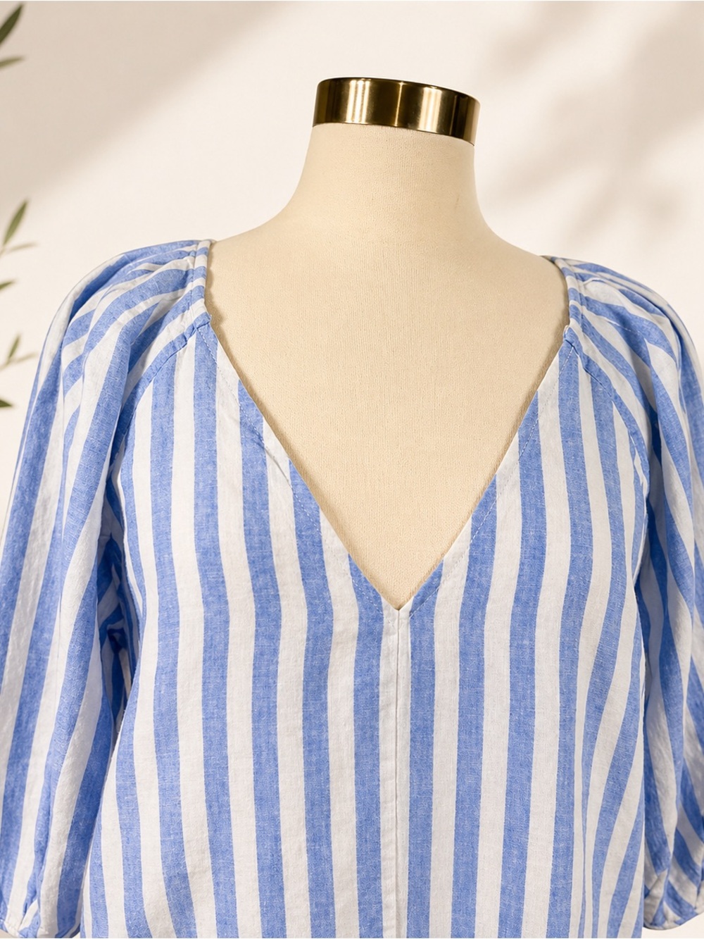Everlane Linen Midi Dress Blue White Stripe Puff Sleeve Pockets L NWOT - Picture 6 of 16